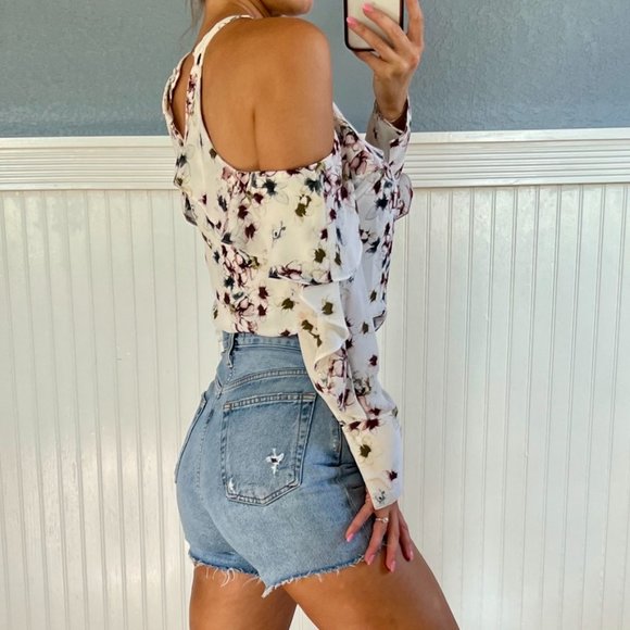BCBGMAXAZRIA Celestine White Floral Cold Shoulder Ruffle Blouse XXS - Picture 5 of 9